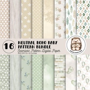 Neutral Boho Baby Shower Patterns, Watercolor Seamless Digital Paper, Gender Neutral Backgrounds, Sage Green Boho Scrapbook, Commercial Use