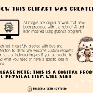 May include: A digital illustration of a family of hedgehogs holding a heart. The text "HOW THIS CLIPART WAS CREATED" is at the top of the image. The text "PLEASE NOTE: THIS IS A DIGITAL PRODUCT, NO PHYSICAL ITEM WILL SENT" is at the bottom of the image. The text "HEDGEHUG DESIGNS STUDIO" is at the bottom of the image.