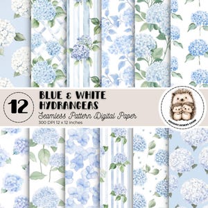 Puede incluir: Una colección de 12 papeles digitales sin costuras con patrones florales de hortensias azules y blancas. Los diseños incluyen varios arreglos de flores de hortensias, rayas y patrones de enrejado. Cada papel mide 30,48 cm x 30,48 cm.