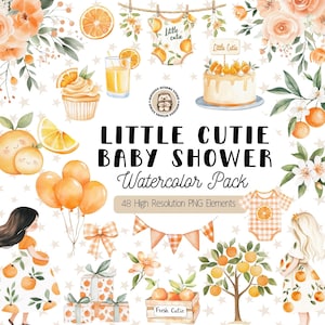 Little Cutie Baby Shower Clipart, Orange Baby Shower PNG, Citrus Watercolor Clip Art, Girl Baby Shower Graphics, Digital Download