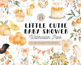 Little Cutie Baby Shower Clipart: Orange Citrus Watercolor PNG Set (Digital Download)