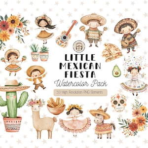 Clipart aquarelle Cinco de Mayo, clipart Fiesta mexicaine mignon, célébration mexicaine PNG, Otomi, cactus, fleurs, nourriture, usage Commercial