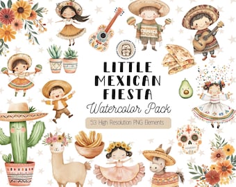 Cinco de Mayo Watercolor Clipart, Cute Mexican Fiesta Clip Art, Mexican Celebration PNG, Otomi, Cacti, Flowers, Food, Commercial Use