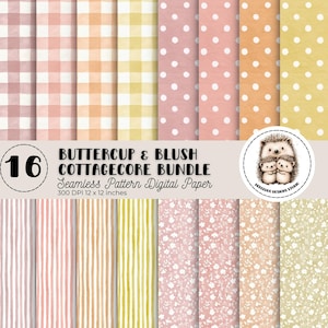 Könnte beinhalten: Ein digitales Papierbündel mit 16 nahtlosen Mustern im Cottagecore-Stil. Die Muster umfassen Vichy-Karos, Punkte, Streifen und florale Designs in sanften Pastellfarben wie Rosé, Gelb und Pfirsich. Der Text lautet "BUTTERCUP & BLUSH COTTAGECORE BUNDLE".