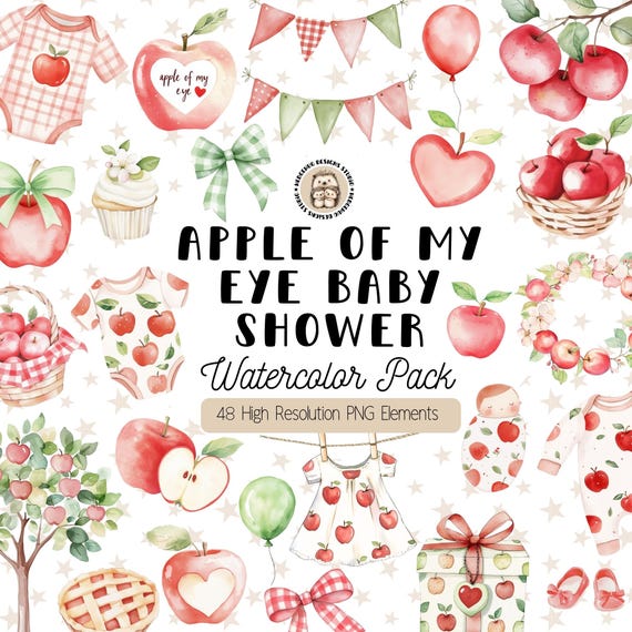 Apple of my Eye Watercolor Clipart Pack: Baby Shower PNGs (Commercial Use, Digital Download)
