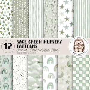 Può includere: Una collezione di 12 motivi per la cameretta verde salvia. I motivi includono cuori, pois, strisce, stelle, arcobaleni, nuvole, lune e un motivo a scacchiera. Il testo recita: "Sage Green Nursery Patterns, Seamless Pattern Digital Paper, 300 DPI 30.5 x 30.5 cm."