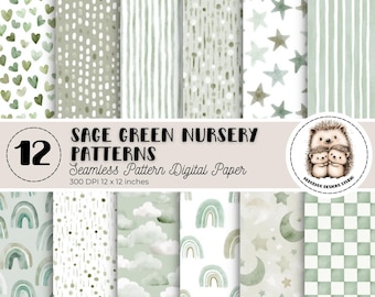 Watercolor Sage Nursery Digital Paper - Green Neutral Baby Seamless Patterns (Digital Download, Commercial Use)