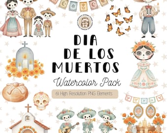 Día de los Muertos Clipart Set – Watercolor Day of the Dead PNGs, Mexican Holiday Art (Digital Download, Commercial Use)