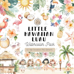 Cute Hawaiian Luau Clipart, Watercolor Tropical Beach PNG Bundle, Summer Luau Party Clip Art, Tiki Nursery Digital Download, Commercial Use