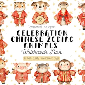 Chinesisches Sternzeichen Tiere Clipart | Traditionelle Chinesische Outfits Aquarell PNG | Sternzeichen, die Tang-Anzüge tragen | Lunar New Year Digital Kunst
