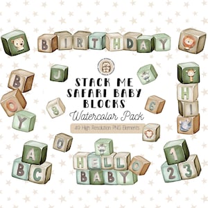 Safari bébé blocs des cliparts | Aquarelle, chiffres et visages d'animaux PNG | Blocs numériques empilables pour baby shower | Chambre d'enfant Jungle verte