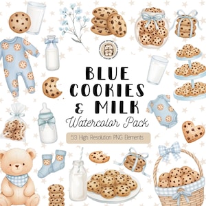 Op de afbeelding: Waterverfillustratie met koekjes, melk en babyartikelen. Inclusief een blauwe romper, sokken en een teddybeer. De tekst luidt "BLUE COOKIES & MILK Watercolor Pack" met "53 High Resolution PNG Elements" eronder.