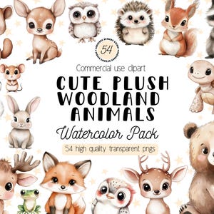 Pack de cliparts aquarelle animaux de la forêt, Illustrations mignonnes d'animaux de la forêt en peluche, PNG transparent à usage commercial, oeuvre d'art pour chambre de bébé pour créateurs