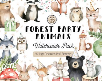 Cute Forest Animals Party Clipart, Watercolor Birthday Woodland Animal PNG, Woods Birthday Celebration Clip Art Bundle, Fox, Bear, Deer, Owl