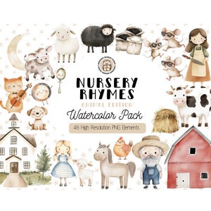 Aquarel dier kinderrijm clipart, sprookjesachtige kinderkamer decor, kinderverhalenboek, Old Macdonald, Hey Diddle Diddle, 3 blinde muizen, Mary