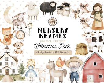 May include: Watercolor illustrations of nursery rhyme animals, including a cow, pig, sheep, cat, dog, mouse, and a horse. The illustrations are in a whimsical style and are perfect for children's books, cards, or crafts.