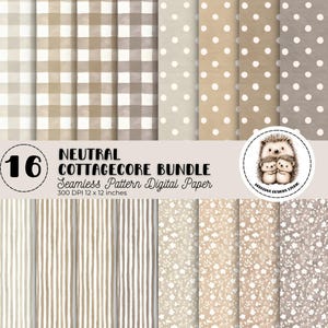 Papel digital Cottagecore neutro, bege, cinza-claro, marrom, com estampas florais de bolinhas xadrez, pacote de papel para scrapbook digital sem costura
