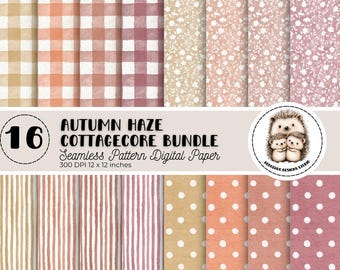 May include: A digital paper bundle featuring 16 seamless patterns in autumn colors. The patterns include gingham, floral, striped, and polka dot designs. The text reads "Autumn Haze Cottagecore Bundle Seamless Pattern Digital Paper 300 DPI 12 x 12 inches."