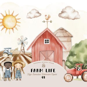 Puede incluir: Conjunto de clipart de acuarela con un granero rojo, un silo, un tractor, un molino de viento, un sol, nubes y dos niños. El conjunto se titula "Farm Life" e incluye 41 elementos.
