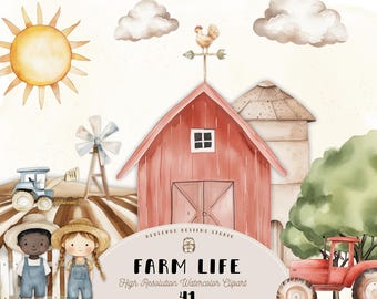 Farm Life Cute Watercolor Clipart, Rustic Farm Equipment Images, Kids Nursery Decor, Barn, Tractor, Windmill PNG, Country Digital Download