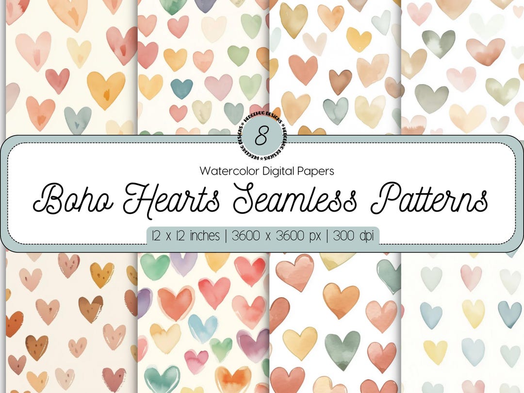 Boho Hearts Seamless Pattern Bundle, Bohemian Heart Romantic Digital ...