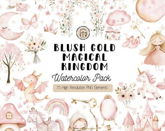 Blush Gold Watercolor Magic Kingdom Clipart: Princess, Unicorn, Castle PNGs (Digital Download)
