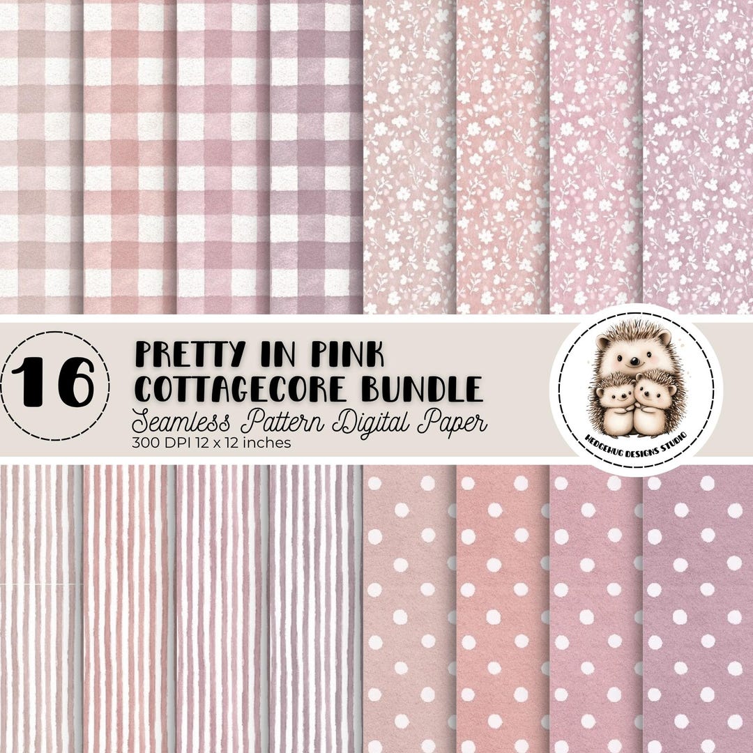 Pink Cottagecore Digital Paper – 16 Seamless Gingham, Stripe, Floral ...
