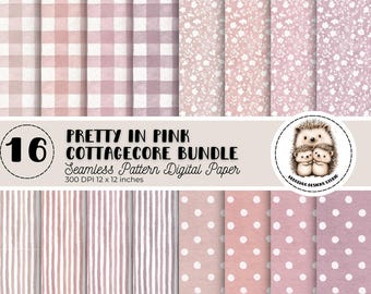 Rosa Cottagecore digitalpapper – 16 sömlösa gingham-, rand-, blom- och prickmönster