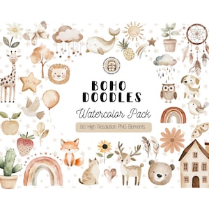 Clipart de acuarela de bebé bohemio, garabatos de animales para guardería, imágenes de arte infantil adorable, PNG de baby shower bohemio, gráficos bohemios minimalistas, uso comercial