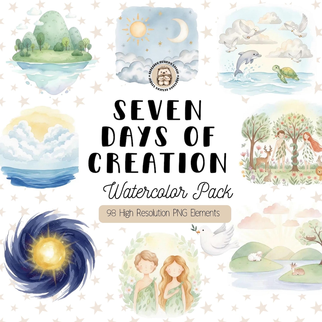 7 Days of Creation Clipart Set – Watercolor Christian Bible Story Pngs