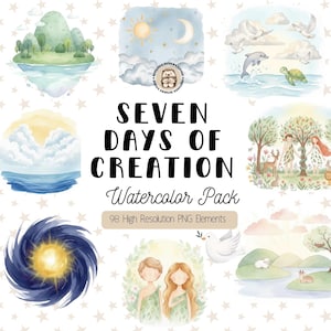 Può includere: Pacchetto di acquerelli con illustrazioni dei sette giorni della creazione. Le immagini includono paesaggi, sole, luna, nuvole, animali e persone. Il testo recita "Seven Days of Creation Watercolor Pack".