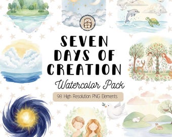 7 Days of Creation Clipart Set – Watercolor Christian Bible Story PNGs, Religious Nursery Art