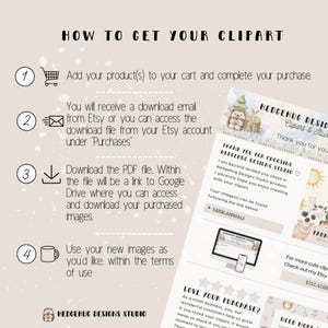 May include: A beige graphic with instructions on how to download clipart. The text reads "How to Get Your Clipart" and includes steps for purchasing, downloading, and using the images. The image also includes the logo for Hedgehug Designs Studio.