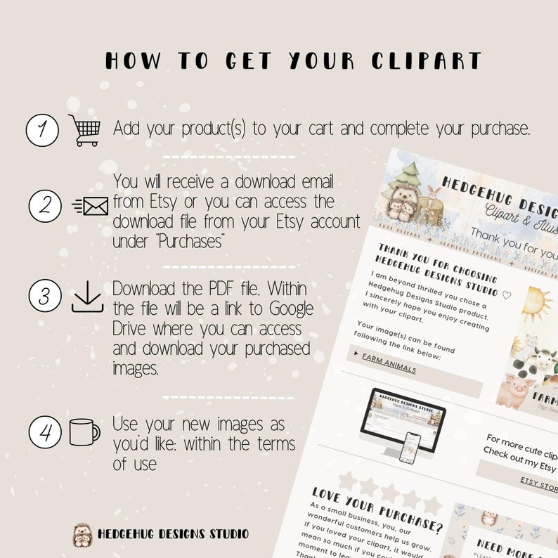 May include: A beige graphic with instructions on how to download clipart. The text reads "How to Get Your Clipart" and includes steps for purchasing, downloading, and using the images. The image also includes the logo for Hedgehug Designs Studio.