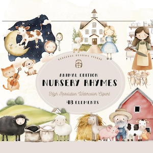Aquarel dier kinderrijm clipart, sprookjesachtige kinderkamer decor, kinderverhalenboek, Old Macdonald, Hey Diddle Diddle, 3 blinde muizen, Mary