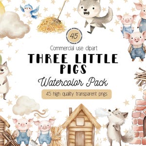 Paquete de imágenes prediseñadas de los tres cerditos, imágenes PNG de cuentos de hadas en acuarela, arte infantil caprichoso, lobo feroz, descarga digital de libros de cuentos, uso comercial