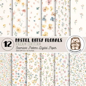 Puede incluir: Una colección de 12 papeles digitales con patrones florales pastel. Los diseños incluyen varios arreglos florales pequeños en colores suaves como amarillo, rosa y azul, sobre un fondo crema. Cada papel mide 30,48 x 30,48 cm.