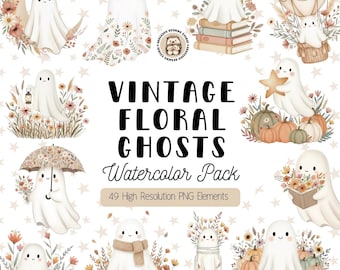 Clipart di fantasmi floreali vintage - Set di PNG di Halloween autunnale ad acquerello con zucche e fiori