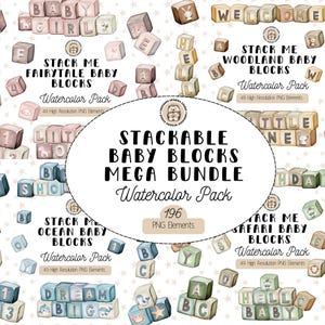Watercolor Baby Blocks Mega Bundle Clipart, Stackable Alphabet & Number Blocks PNG, DIY Baby Shower, Ocean, Woodland, Safari, Princess Theme