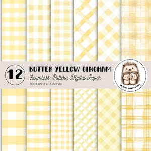 Watercolor Butter Yellow Gingham Digital Paper, Yellow Plaid Seamless Pattern, Checks Background Texture, Cottagecore Vintage Scrapbook
