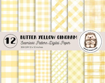 Watercolor Butter Yellow Gingham Digital Paper, Yellow Plaid Seamless Pattern, Checks Background Texture, Cottagecore Vintage Scrapbook
