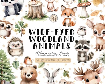 Woodland Animals Clipart – Adorable Forest Scene Watercolor PNG Set for Nursery & Crafts