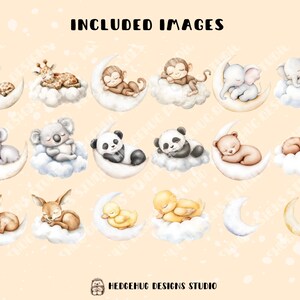 May include: A set of 14 digital illustrations featuring various animals sleeping on crescent moons. The animals include a giraffe, monkey, elephant, koala, panda, bear, deer, and a duck. The illustrations are in a watercolor style and are perfect for use in crafting projects, scrapbooking, or digital design.