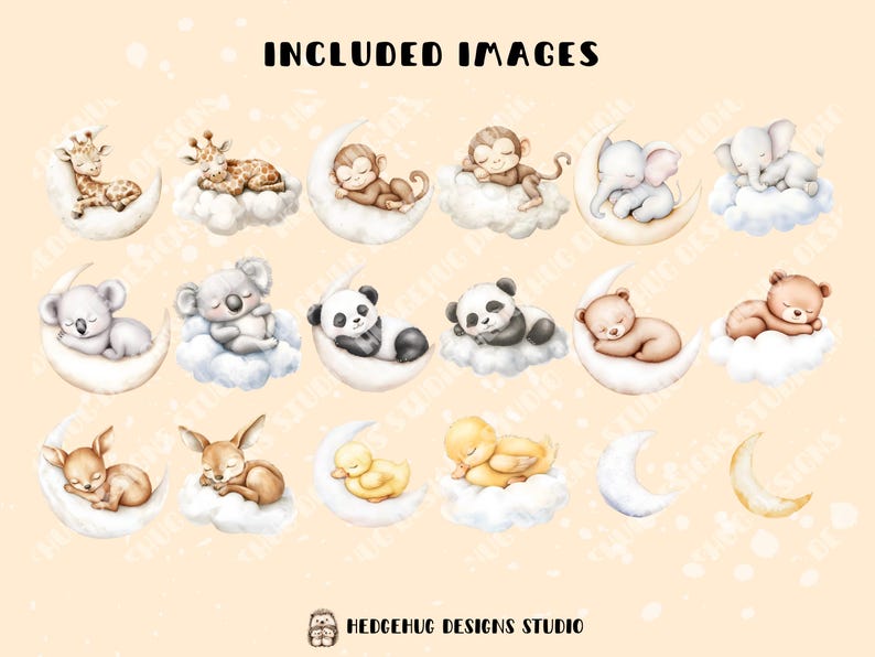 May include: A set of 14 digital illustrations featuring various animals sleeping on crescent moons. The animals include a giraffe, monkey, elephant, koala, panda, bear, deer, and a duck. The illustrations are in a watercolor style and are perfect for use in crafting projects, scrapbooking, or digital design.