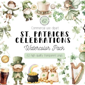 St. Patrick's Day Aquarell Clipart, Irische Feier Illustrationen, Kobold, Kleeblatt, Goldmünzen, Guiness, PNG Bilder für kommerzielle Nutzung
