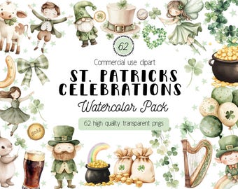 St. Patrick's Day Aquarell Clipart, Irische Feier Illustrationen, Kobold, Kleeblatt, Goldmünzen, Guiness, PNG Bilder für kommerzielle Nutzung