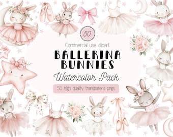 Clipart de Conejitas Bailarinas en Acuarela: Conjunto de PNG de Conejitas de Ballet (Descarga digital, Uso comercial)