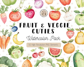 Cute Fruit & Vegetables Clipart | Watercolor Garden PNG | Food Clip Art Bundle | Locally Grown Produce Clipart, Fruit Clipart, Vegetable PNG
