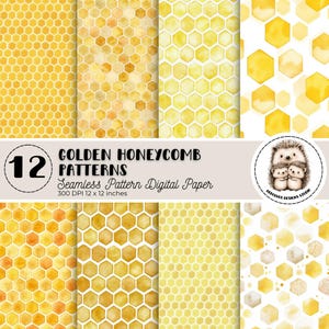 Puede incluir: Una colección de 12 patrones dorados de panal de abeja en varios diseños. Estos patrones digitales sin costuras tienen una resolución de 300 DPI y miden 30,48 x 30,48 cm. La imagen incluye el texto "GOLDEN HONEYCOMB PATTERNS" y "Seamless Pattern Digital Paper."