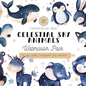 Clipart de acuarela de animales del cielo celestial, PNG de animales de la noche estrellada, lindo arte animal cósmico, decoración de guardería, uso comercial, descarga digital